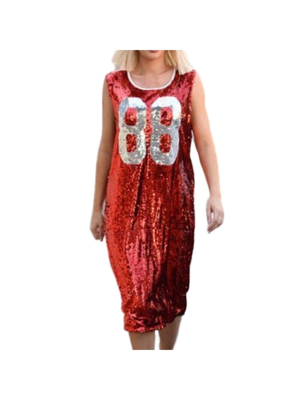 Liquor N Poker Sequin Dress 12 Red/Silver Sleeveless Football Jersey Midi 88 - Picture 1 of 12